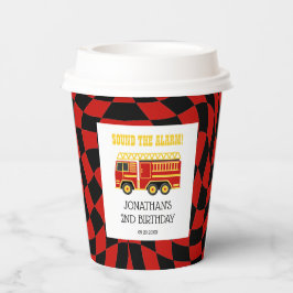 消防車ブラックレッド市松模様に2歳の誕生日 紙コップ