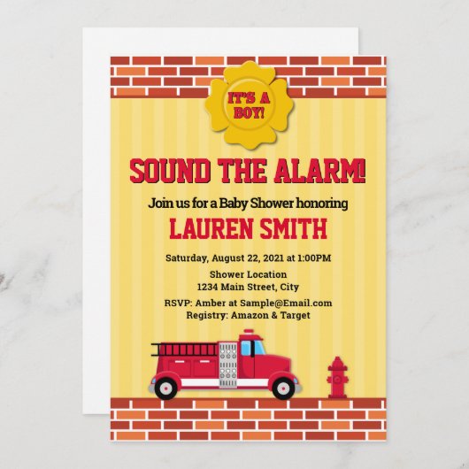 消防車ベビーシャワー招待状消防士少年 招待状 (正面/裏面)