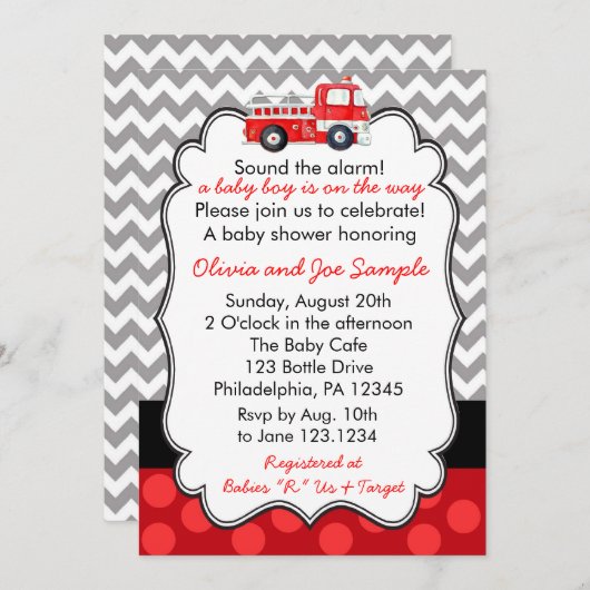 消防車ベビーシャワー招待状 招待状 (正面/裏面)