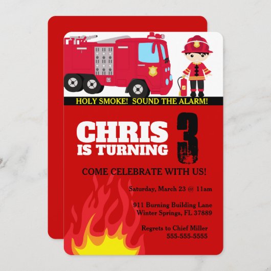 消防車ボーイ誕生日招待状 招待状 (正面/裏面)