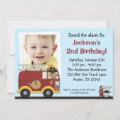 消防車モンキー写真バースデーパーティ招待状 招待状 (正面)