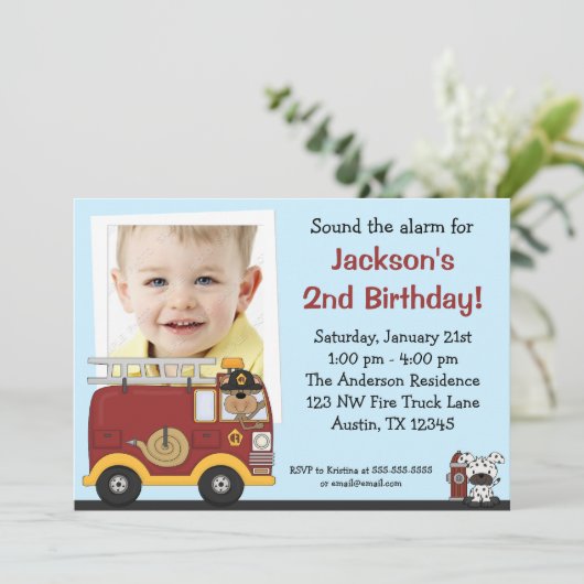 消防車モンキー写真バースデーパーティ招待状 招待状 (スタンド正面)