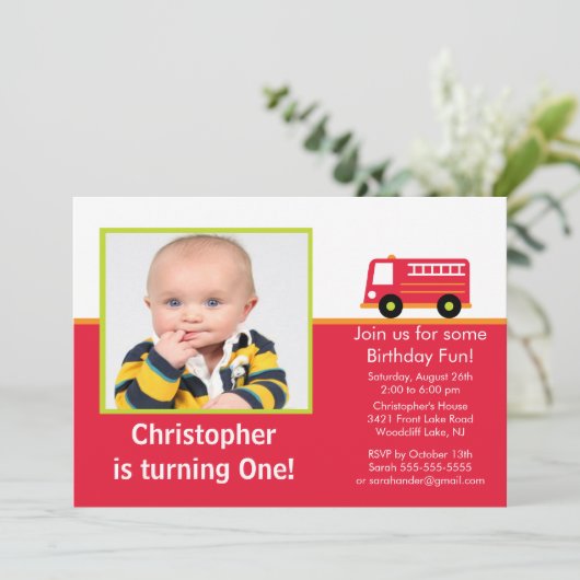 消防車写真誕生日パーティーの招待 招待状 (スタンド正面)