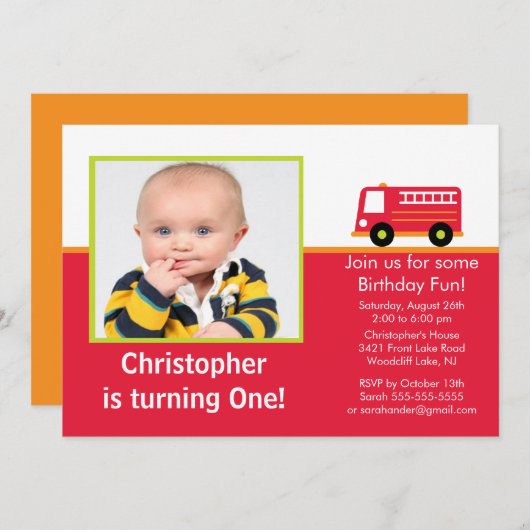 消防車写真誕生日パーティーの招待 招待状 (正面/裏面)