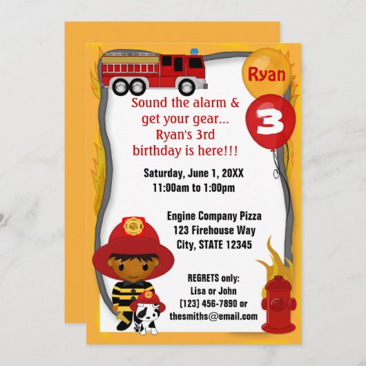 消防車消防士ダルマティアン誕生日FF03B 招待状 (正面/裏面)