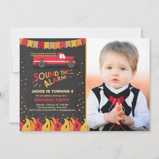 消防車消防士誕生日招待状ボーイ 招待状 (正面)