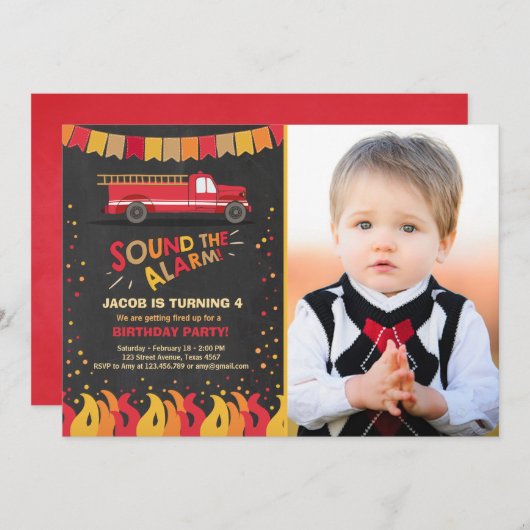 消防車消防士誕生日招待状ボーイ 招待状 (正面/裏面)
