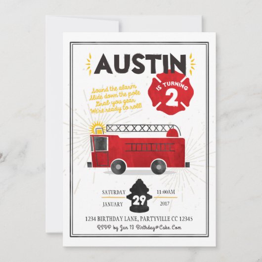 消防車消防車誕生日招待状 招待状 (正面)