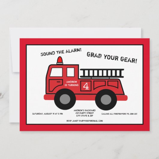 消防車誕生日パーティーの招待 招待状 (正面)