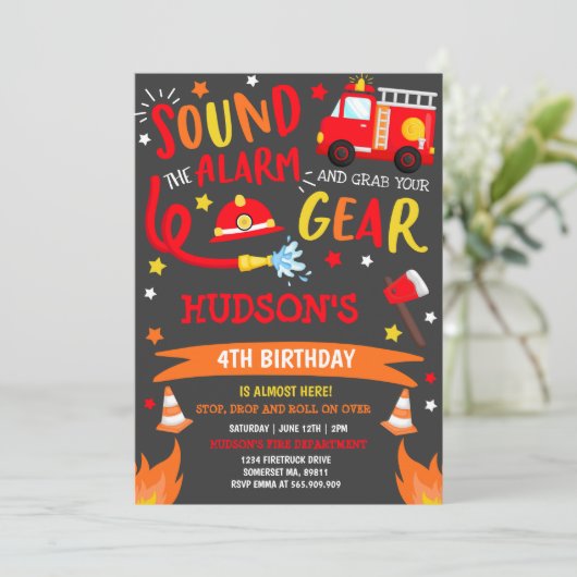 消防車誕生日招待状消防士パーティー 招待状 (スタンド正面)
