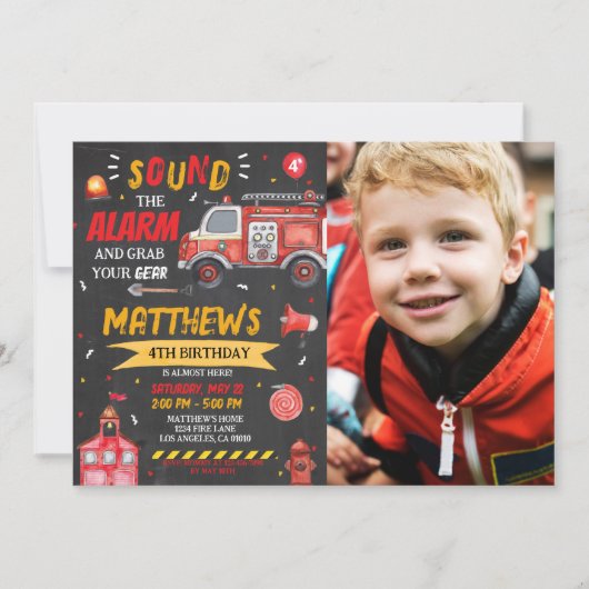 消防車誕生日消防士ボーイ招待状 招待状 (正面)