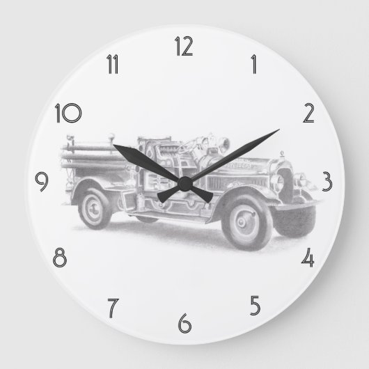 消防車鉛筆スケッチ消防士スケッチm ラージ壁時計 (正面)
