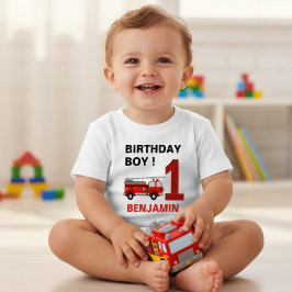 消防車1歳誕生日パーティー ベビーTシャツ