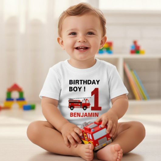消防車1歳誕生日パーティー ベビーTシャツ