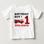消防車1歳誕生日パーティー ベビーTシャツ (正面)