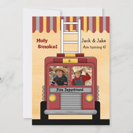 消防車2写真誕生日パーティーの招待 招待状 (正面)