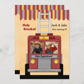 消防車2写真誕生日パーティーの招待 招待状 (正面/裏面)