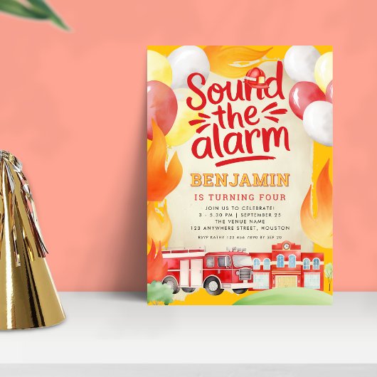 消防車4th誕生日パーティー赤い黄色 招待状
