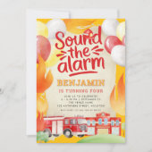 消防車4th誕生日パーティー赤い黄色 招待状 (正面)