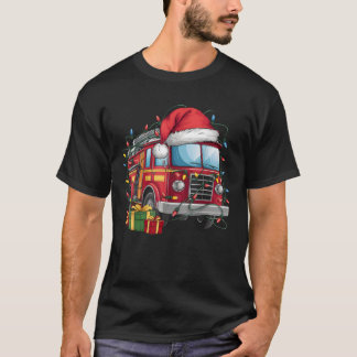 消防車 クリスマスイルミネーション サンタ帽子 消防車 Tシャツ