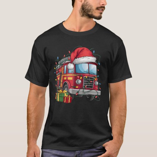 消防車 クリスマスイルミネーション サンタ帽子 消防車 Tシャツ (正面)