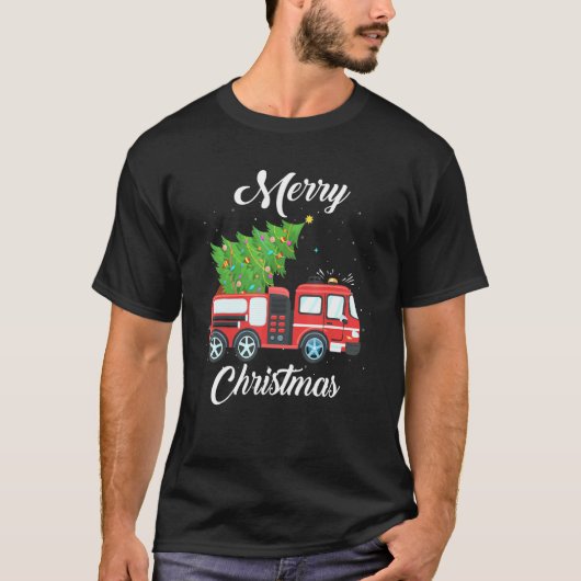 消防車 クリスマスツリー 消防士 Tシャツ (正面)