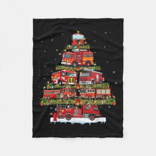 消防車 クリスマス ライト 消防士 消防車 クリスマス フリースブランケット (正面)