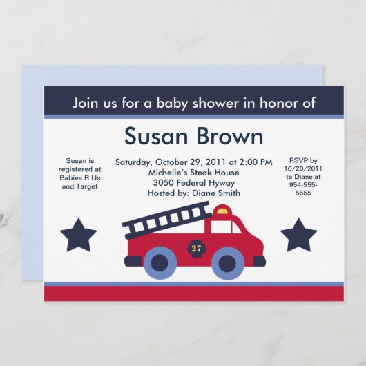 消防車/トラック赤ちゃんシャワー招待状 招待状 (正面/裏面)