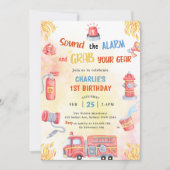 消防車 ファイヤーエンジン 1歳 誕生日パーティー 招待状 (正面)