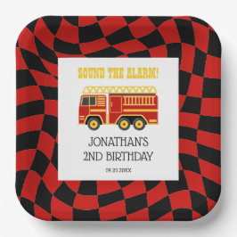 消防車 ブラック レッド チェック 2歳 誕生日 ペーパープレート