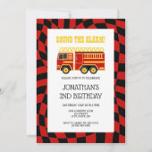 消防車 ブラック レッド チェック 2歳 誕生日 招待状 (正面)