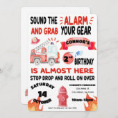 消防車 – 消防士 – 警報誕生日を鳴らす 招待状 (正面/裏面)