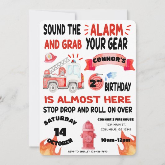 消防車 – 消防士 – 警報誕生日を鳴らす 招待状 (正面)