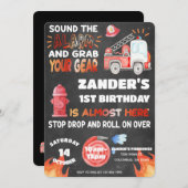 消防車 – 消防士 – 警報誕生日を鳴らす 招待状 (正面/裏面)