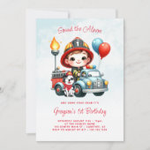 消防車 消防士 1歳 誕生日 招待状 (正面)