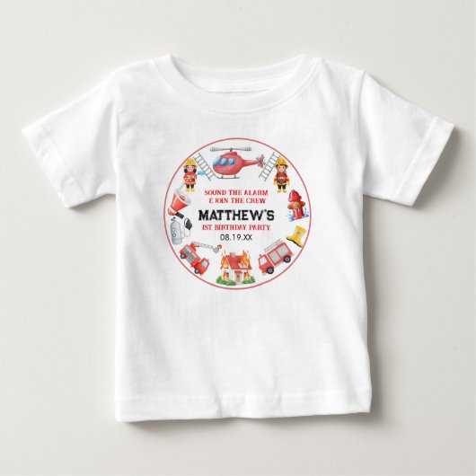 消防車 男の子 1歳 誕生日 | かわいいパーティー ベビーTシャツ (正面)