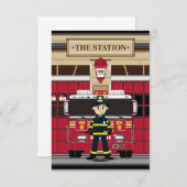 消防車RSVPカードを持つ消防士 出欠カード (正面/裏面)