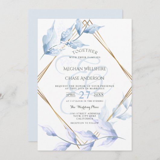 消音したエレガント薄紫とほこりっぽい青い葉 招待状 (正面/裏面)