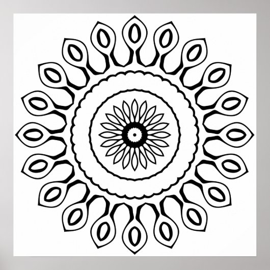 涙滴の花弁を持つシンプルな曼荼羅のぬり絵ページ ポスター (正面)