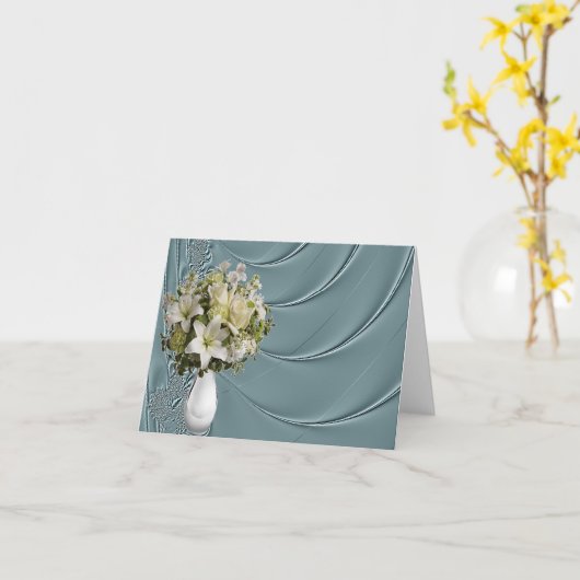 液体のティール（緑がかった色）のサテンのノートまたは挨拶状 カード (黄色い花)