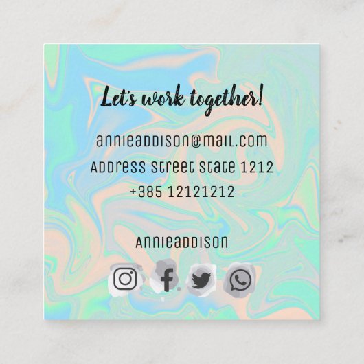 液体のフェイクなレーザー光線写真虹色の質 スクエア名刺 (裏面)