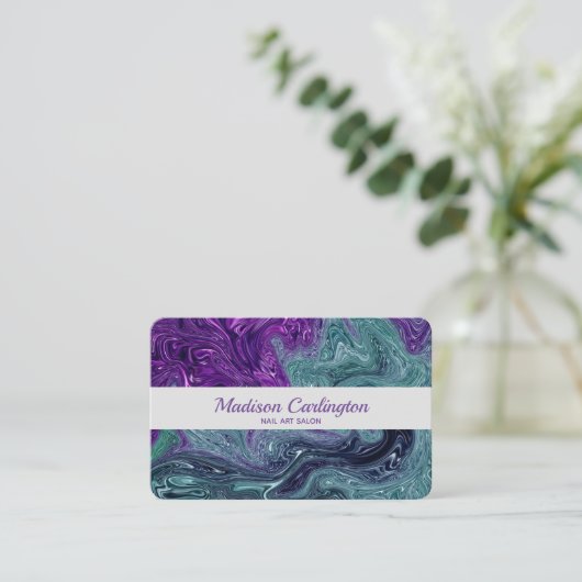 液体の大理石の質の紫色のティール(緑がかった色) 名刺 (スタンド正面)