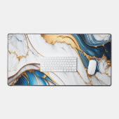 液体エレガント大理石モダンホワイトブルー金ゴールド デスクマット (キーボード&マウス)