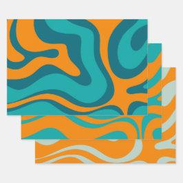 液体スワールレトロ抽象芸術パターンティール（緑がかった色）オレンジ ラッピングペーパーシート