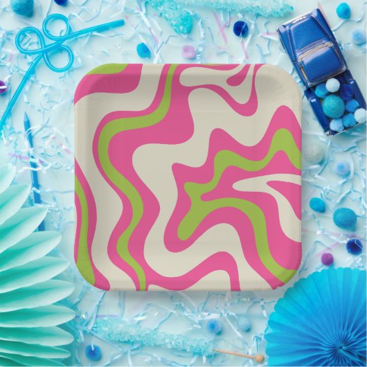 液体スワールレトロ抽象芸術パターンホットピンクライム ペーパープレート (パーティー)