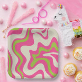 液体スワールレトロ抽象芸術パターンホットピンクライム ペーパープレート (パーティー)