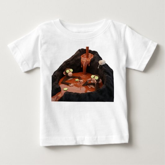 液体チョコレートの火山でくつろぐ面白いサルたち ベビーTシャツ (正面)