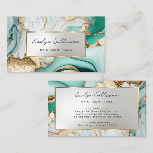 液体ティール（緑がかった色）大理石名刺 名刺 (正面/裏面)