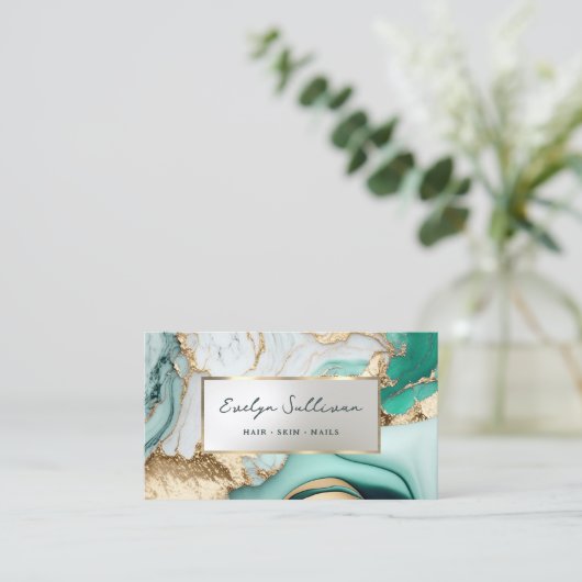 液体ティール(緑がかった色)大理石名刺 名刺 (スタンド正面)