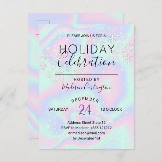 液体ホログラフィフェイクックテクスチャ雪の結晶ホリデー インビテーションポストカード (正面/裏面)